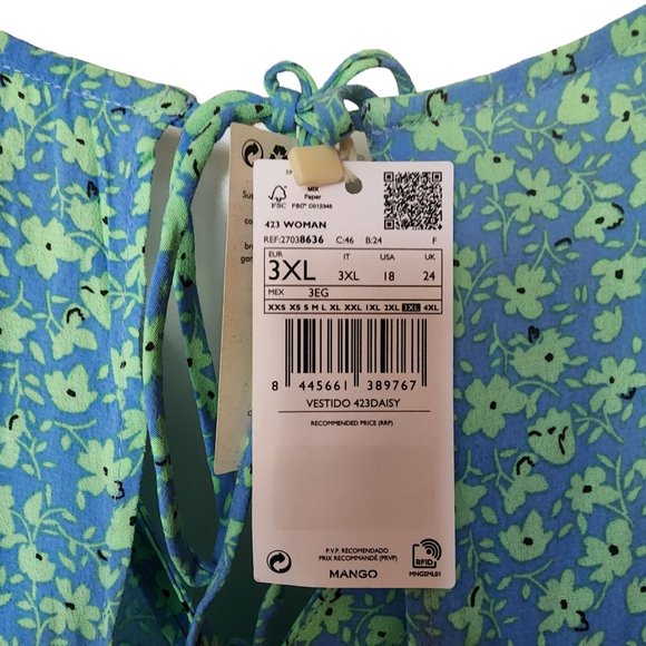 Mango Flowy Flower Printed Dress size 18 NWT Blue Green Button Front 3XL - Picture 15 of 15